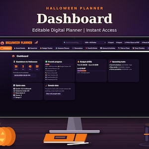 May include: A computer monitor displaying a dark-themed Halloween Planner dashboard with sections for countdown, budget, and tasks. The interface includes text labels like Dashboard, Event Details, Guest List, and Budget Tracker in a digital format.