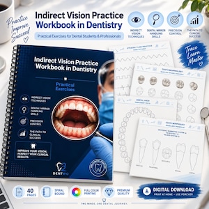 Puede incluir: Un libro de ejercicios de espiral sobre visión indirecta en odontología con portada azul oscuro que muestra un espejo dental reflejando dientes. Incluye páginas de práctica para morfología dental, arcos dentales y ejercicios de trazo.