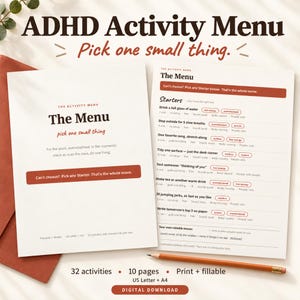 Dopamine Menu ADHD Printable | Café-Style Activity Menu (Starters, Mains, Sides, Desserts) | 32 Activities for ADHD Adults & Teens