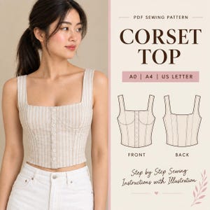May include: A PDF sewing pattern for a corset top featuring a beige and white striped sleeveless bodice with a square neckline and a front button closure. The document includes technical line drawings of the front and back views with text.