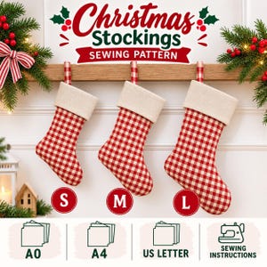 May include: Three red and white gingham Christmas stockings with cream-colored cuffs, labeled S, M, and L. The sewing pattern includes A0, A4, and US Letter paper sizes, plus sewing instructions. The text reads Christmas Stockings Sewing Pattern.