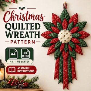 Könnte beinhalten: Ein weihnachtliches Steppkranz-Schnittmuster in Sternform mit roten und grünen Stoffblättern und einem cremefarbenen runden Mittelstück. Der Text lautet Christmas QUILTED WREATH PATTERN, A4, US LETTER und ASSEMBLY INSTRUCTIONS.