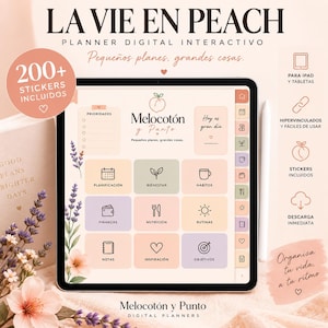 Puede incluir: Un planificador digital interactivo en la pantalla de una tableta con interfaz de melocotón. La pantalla muestra secciones para prioridades, planificación, bienestar, hábitos, finanzas, nutrición, rutinas, notas, inspiración y objetivos.