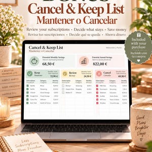Puede incluir: Un rastreador de suscripciones en la pantalla de una computadora portátil titulado Cancel & Keep List. La interfaz muestra columnas para mantener, revisar y cancelar con costos mensuales y ahorros potenciales de 68,50 € al mes y 822,00 € al año.