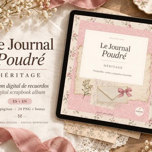 Puede incluir: Un álbum de recortes digital titulado Le Journal Poudré Héritage mostrado en la pantalla de una tableta. La portada presenta un patrón floral rosa, un sobre vintage con un lazo rosa y texto en francés e inglés. Un lápiz óptico dorado descansa al lado.