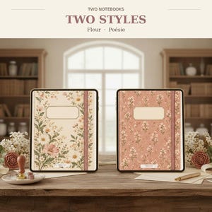 Puede incluir: Dos cuadernos rectangulares con cubiertas florales y etiquetas centrales en blanco. El cuaderno izquierdo es crema con flores grandes, y el derecho es rosa empolvado con pequeños patrones florales. Texto: TWO NOTEBOOKS TWO STYLES Fleur Poésie.