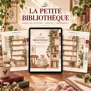 Puede incluir: Un diario de lectura digital titulado La Petite Bibliothèque en una pantalla de tableta, flanqueado por dos versiones impresas. La portada muestra una ilustración de una estantería, una silla y una pila de libros con el texto Books, Places, People, Ideas.