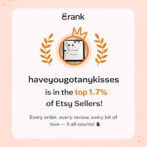 May include: A graphic with the text "Erank" at the top, and "haveyougotanykisses is in the top 1.7% of Etsy Sellers!" below. The graphic includes orange leaf accents and a crown icon.