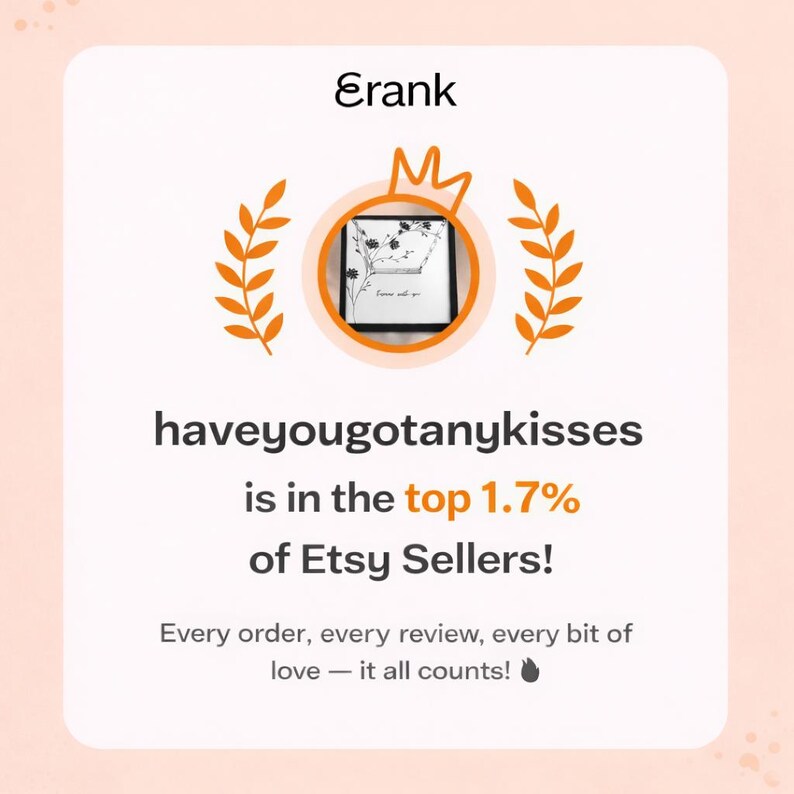 May include: A graphic with the text "Erank" at the top, and "haveyougotanykisses is in the top 1.7% of Etsy Sellers!" below. The graphic includes orange leaf accents and a crown icon.