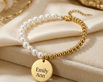 Custom Gold bead name bracelet, Gift for mom, Meaningful mom bracelet, Personalized kids name bracelet, Pearl bracelet, Keepsake mom gifts
