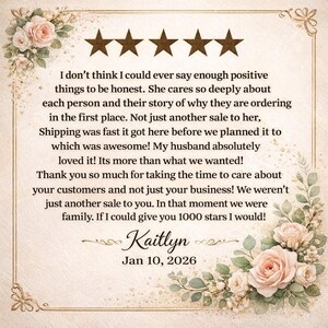 May include: A beige card with floral accents and five brown stars at the top. The card contains a customer review with the name "Kaitlyn" and the date "Jan 10, 2026".