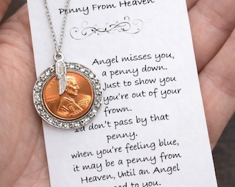 Pennies from Heaven memorial gift, Memorial jewelry, Loss of loved one memory necklace, Signs from Heaven angel keepsake, In loving memory