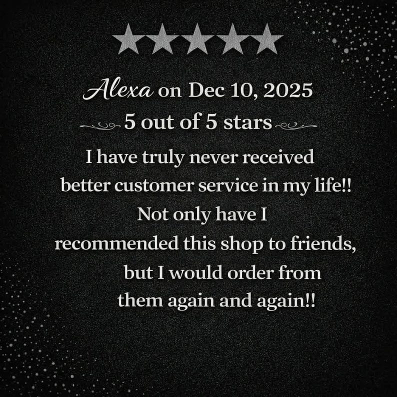May include: A dark background with white text and five stars at the top. The text reads "Alexa on Dec 10, 2025, 5 out of 5 stars." The review states, "I have truly never received better customer service in my life!!"