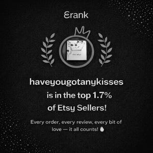 Puede incluir: Gr&aacute;fico en blanco y negro con el texto "Erank" en la parte superior, una corona y ramas de laurel. Se muestra el texto "haveyougotanykisses est&aacute; en el top 1,7% de los vendedores de Etsy", junto con la frase "&iexcl;Cada pedido, cada rese&ntilde;a, cada pizca de amor, todo cuenta!"