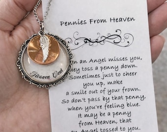 Pennies from Heaven memorial gift • Penny from Heaven necklace • In memory of loved one jewelry • Heaven cent Angel wing necklace •