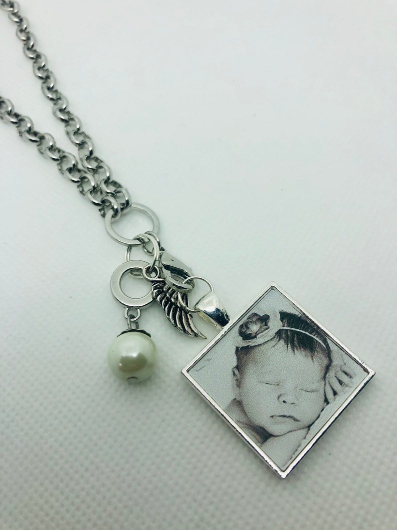 Memorial photo necklace infant loss grief jewelry personalized angel wing necklace photo pendant memorial jewelry
