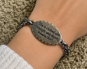 Religious Bracelet • Scripture jewelry • She is clothed with strength and dignity • Bible Verse Bracelet • Proverbs 31:25 • Christian Gift