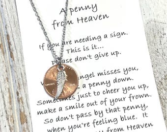 Penny from Heaven • Pennies from Heaven • In memory gift • Signs from Heaven • Gift from an Angel • Memorial gift • Memorial penny necklace