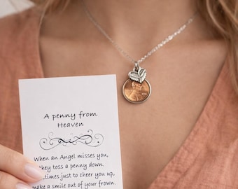 Pennies form Heaven memorial jewelry, Angel wing charm necklace, In loving memory gift, Sympathy gift for loss of loved one, Funeral gift