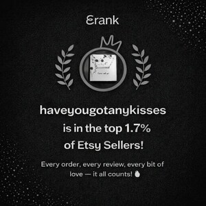 May include: A black background with white text. The text reads "Erank" at the top, and "haveyougotanykisses is in the top 1.7% of Etsy Sellers!" below. The image includes a crown and laurel leaves.