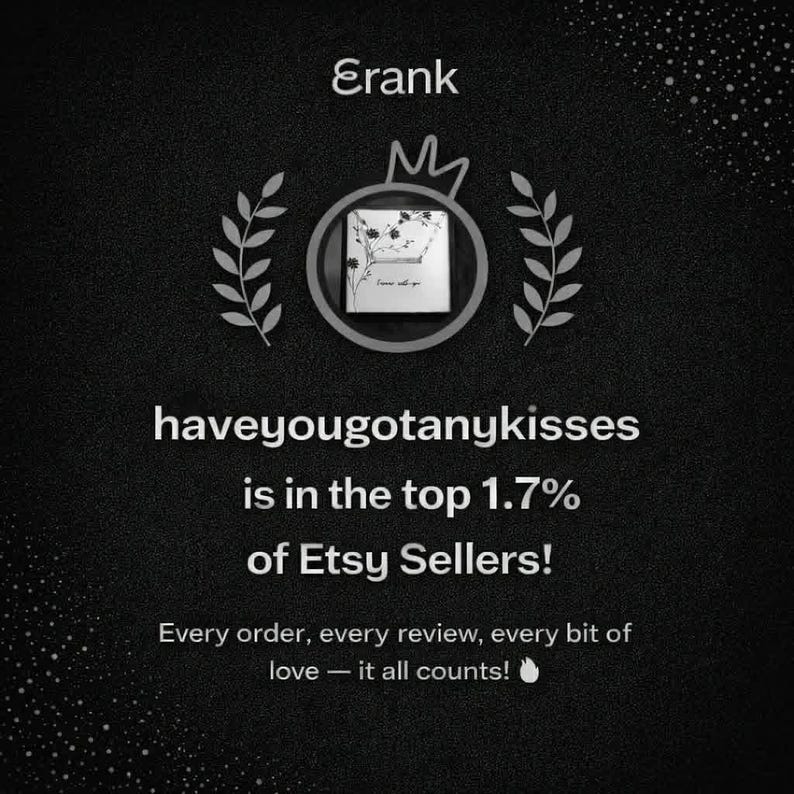 May include: A black background with white text. The text reads "Erank" at the top, and "haveyougotanykisses is in the top 1.7% of Etsy Sellers!" below. The image includes a crown and laurel leaves.