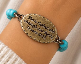 She is clothed with strength and dignity • Proverbs 31:25 • Christian jewelry • Religious gift ideas • Scripture bracelet • Bible verse gift