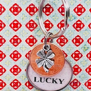 Lucky Penny, Lucky keychain, Lucky charm, Good Luck charm, Good luck gift, Good luck Penny charm, Lucky, Four leaf clover