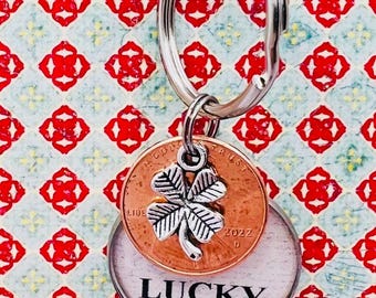 Lucky Penny, Lucky keychain, Lucky charm, Good Luck charm, Good luck gift, Good luck Penny charm, Lucky, Four leaf clover