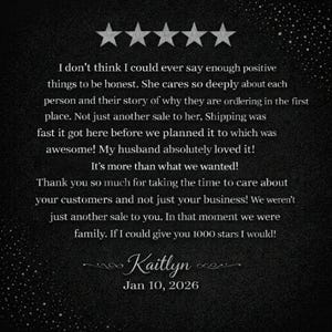 May include: A dark grey background with five white stars at the top. White text displays a customer review, including the name "Kaitlyn" and the date "Jan 10, 2026".