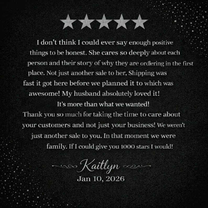 May include: A dark grey background with five white stars at the top. White text displays a customer review, including the name "Kaitlyn" and the date "Jan 10, 2026".