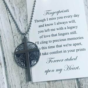 Mens Memorial fingerprint necklace • Custom Mens cross necklace • Personalized Memorial Gift for him • Mens Thumbprint pendant with cross