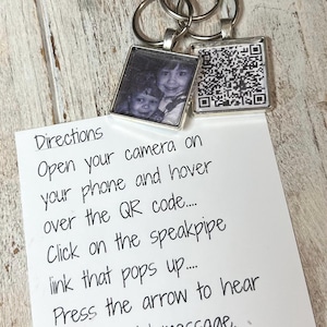 Custom voice message keychain • Personalized voice recording & photo • Special message • Keepsake recording • QR CODE • Scan and play •