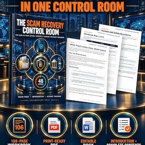 May include: A book titled The Scam Recovery Control Room with a dark blue and gold theme. The cover features icons of a shield, phone, and documents. Beside the book are open pages showing text, and below are four circular icons for a 106-page workbook, PDF, DOCX, and contents list.