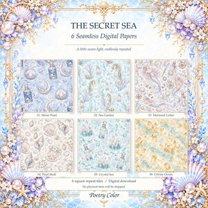 Ocean Seamless Digital Paper: 6 Mermaid, Crystal & Pearl Patterns, 12x12 JPG