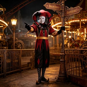 Könnte beinhalten: Ein Narrenkostüm in Rot und Schwarz mit weißer Maske, einer mehrspitzigen Kappe mit Glöckchen, einer Tunika mit goldenen Akzenten, einer schwarzen Hose mit roten Rautenmustern und spitzen Schuhen, stehend neben einem metallenen Wegweiser.