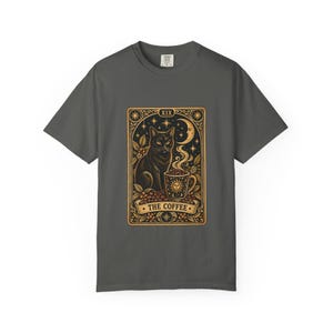 The Coffee Tarot Card Shirt, Vintage Mystical Black Cat Graphic Tee, Celestial Witchy Coffee Lover Gift, Comfort Colors 1717 Occult Clothes