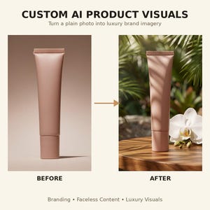 Productfotografie op maat met AI, merkcontent zonder gezicht, afbeeldingen voor Instagram en Etsy, luxe minimalistische visuals.