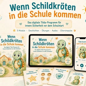 Pode incluir: Um programa educativo digital intitulado Wenn Schildkröten in die Schule kommen, composto por um livro, um tablet, um smartphone e quatro cartões. Os gráficos mostram uma tartaruga verde, uma escola e texto em alemão.