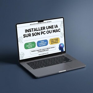 May include: A laptop displaying a guide titled INSTALLER UNE IA SUR SON PC OU MAC. The screen features three colored buttons labeled 100% GRATUIT & PRIVE, SANS CONNEXION INTERNET, and FONCTIONNE SANS CARTE GRAPHIQUE, with a brain icon and text.