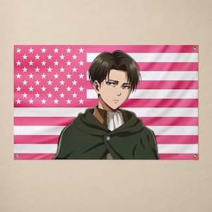 May include: A rectangular wall banner featuring an anime character with dark hair and a stoic expression, wearing a dark green hooded cloak over a white cravat. The background is a stylized American flag rendered in shades of pink and white.