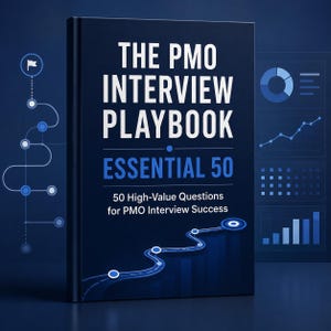 Pode incluir: Um livro azul escuro intitulado The PMO Interview Playbook Essential 50, 50 High-Value Questions for PMO Interview Success. A capa apresenta texto em branco e azul, um gráfico de caminho sinuoso com nós e gráficos de dados.