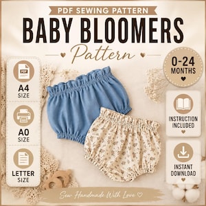 Könnte beinhalten: Ein PDF-Schnittmuster für Baby-Bloomer mit dem Text PDF SEWING PATTERN BABY BLOOMERS Pattern 0-24 MONTHS. Das Bild zeigt zwei Bloomer-Modelle, eines in Uni-Blau und eines in Creme mit kleinem Blumenmuster, sowie verschiedene Informationssymbole.