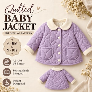 Könnte beinhalten: Ein PDF-Schnittmuster für eine gesteppte Babyjacke, bestehend aus einer lavendelfarbenen Jacke mit cremefarbenem Kragen, Bündchen und Druckknöpfen. Der Text umfasst Quilted Baby Jacket, PDF Sewing Pattern, 6-9M to 9-10Y, A4, A0, US Letter, Sewing Guide Included, Instant Download.