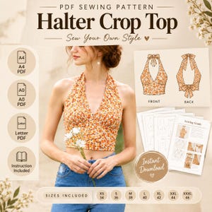 Könnte beinhalten: Ein PDF-Schnittmuster für ein Neckholder-Crop-Top mit Blumenmuster. Das Bild zeigt das fertige Oberteil, technische Skizzen von Vorder- und Rückseite sowie eine Nähanleitung. Größen von XS bis XXXL, Formate A4, A0 und Letter PDF enthalten.