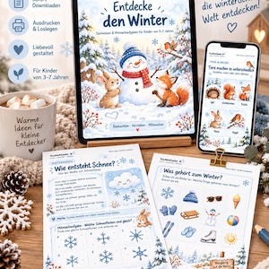 Könnte beinhalten: Ein digitales Lernset für Kinder mit einem Tablet und Smartphone, die winterliche Lerninhalte zeigen, sowie zwei ausgedruckten Arbeitsblättern mit den Titeln Entdecke den Winter, Wie entsteht Schnee und Was gehört zum Winter.