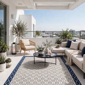 Hand Knotted 3/20 Wool Rug in Navy Blue and Ivory with a Geometric Diamond Pattern