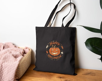 Happy Halloween Pumpkin Tote Bag | Carved Jack-o'-Lantern Canvas (12 oz Cotton)