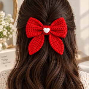 Crochet Bow Pattern PDF, Valentine Heart Bow Crochet Pattern, Red Ribbon Bow Tutorial, Hair Bow Accessory Pattern, Handmad Gift DIY Pattern