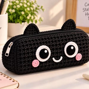 May include: A black crocheted pencil case shaped like a cat with two pointed ears, large white and black eyes, a small white stitched smile, and two pink circular cheeks. The case features a black zipper closure with a silver metal pull tab.