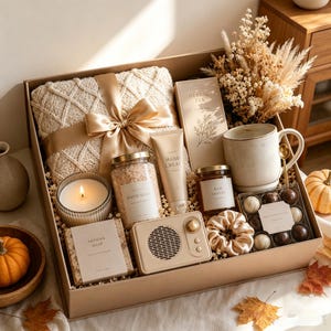 May include: A gift box containing a cream-colored knit blanket with a gold ribbon, a candle, bath salts, hand cream, herbal tea, a ceramic mug, a small speaker, honey, a satin scrunchie, chocolates, and a bouquet of dried flowers.